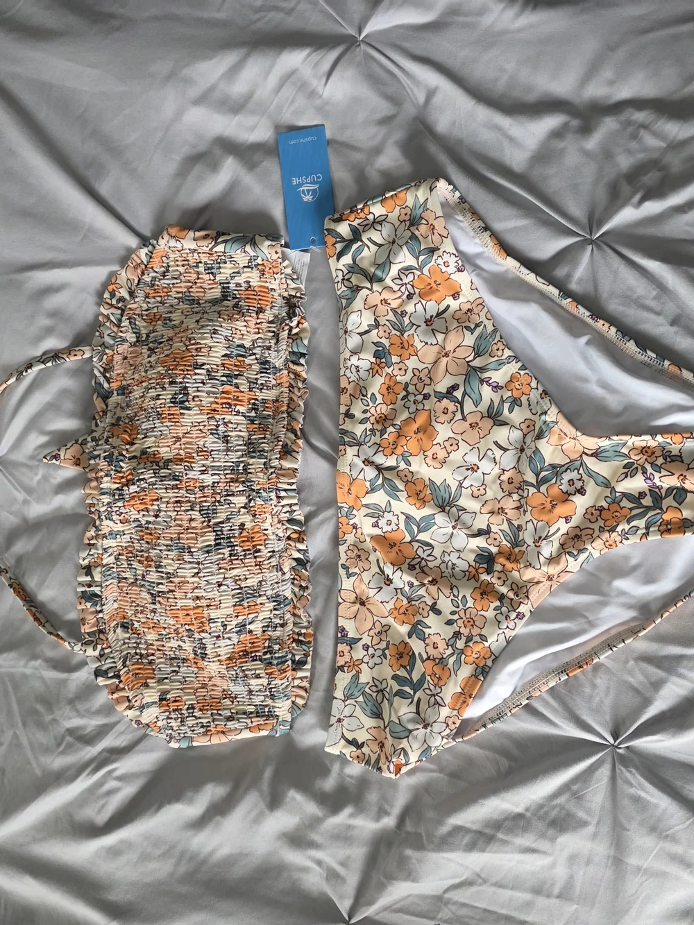 Floral Smocked Bandeau Bikini Set - Orange & Green - Picture 3 of 7